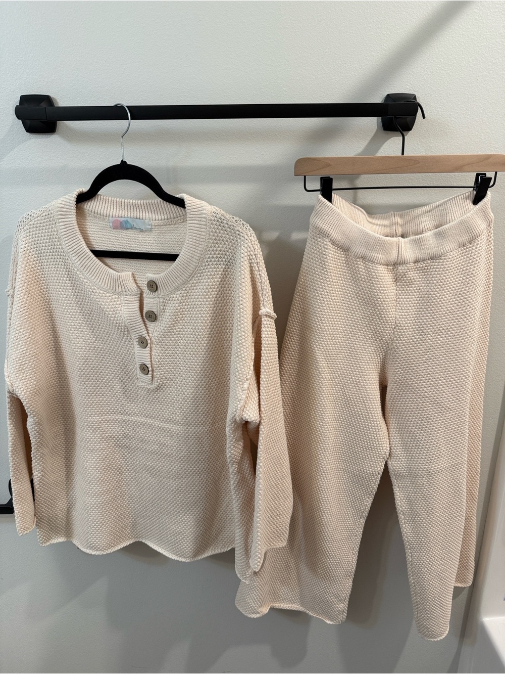 Free People Beach Hailee Sweater Cream Waffle Knit Henley Sweater & Joggers Set - Picture 2 of 4